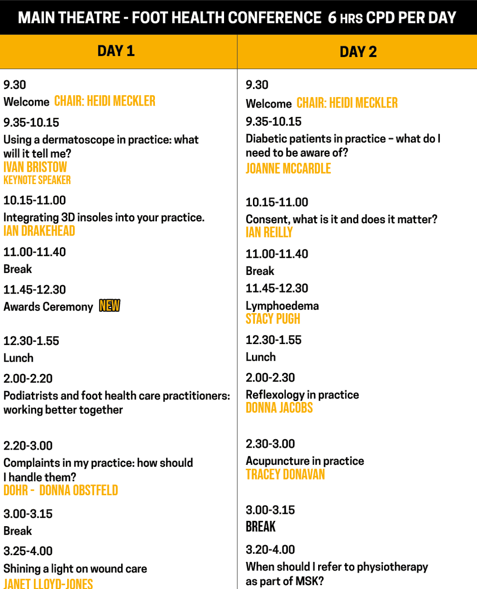 FoothealthC's tweet photo. The conference programme is here!!! Thanks to all that have filled in the survey - we have tried to include the content that most of you asked for. Book now on https://t.co/ioJi1afQRb
#podiatry #foothealth #insoles #diabetes #lymphoedema #reflexology #acupuncture #woundcare https://t.co/T6QMeyphHm