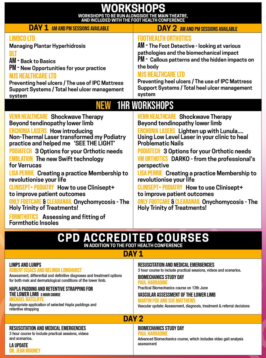 FoothealthC's tweet photo. This  year we have an even bigger range of free workshops running alongside the main conference (to be booked directly at the trade stands). And you can also book additional CPD courses (alternative to the main programme and at an extra cost). https://t.co/ioJi1afQRb https://t.co/XwCn3tTX3s