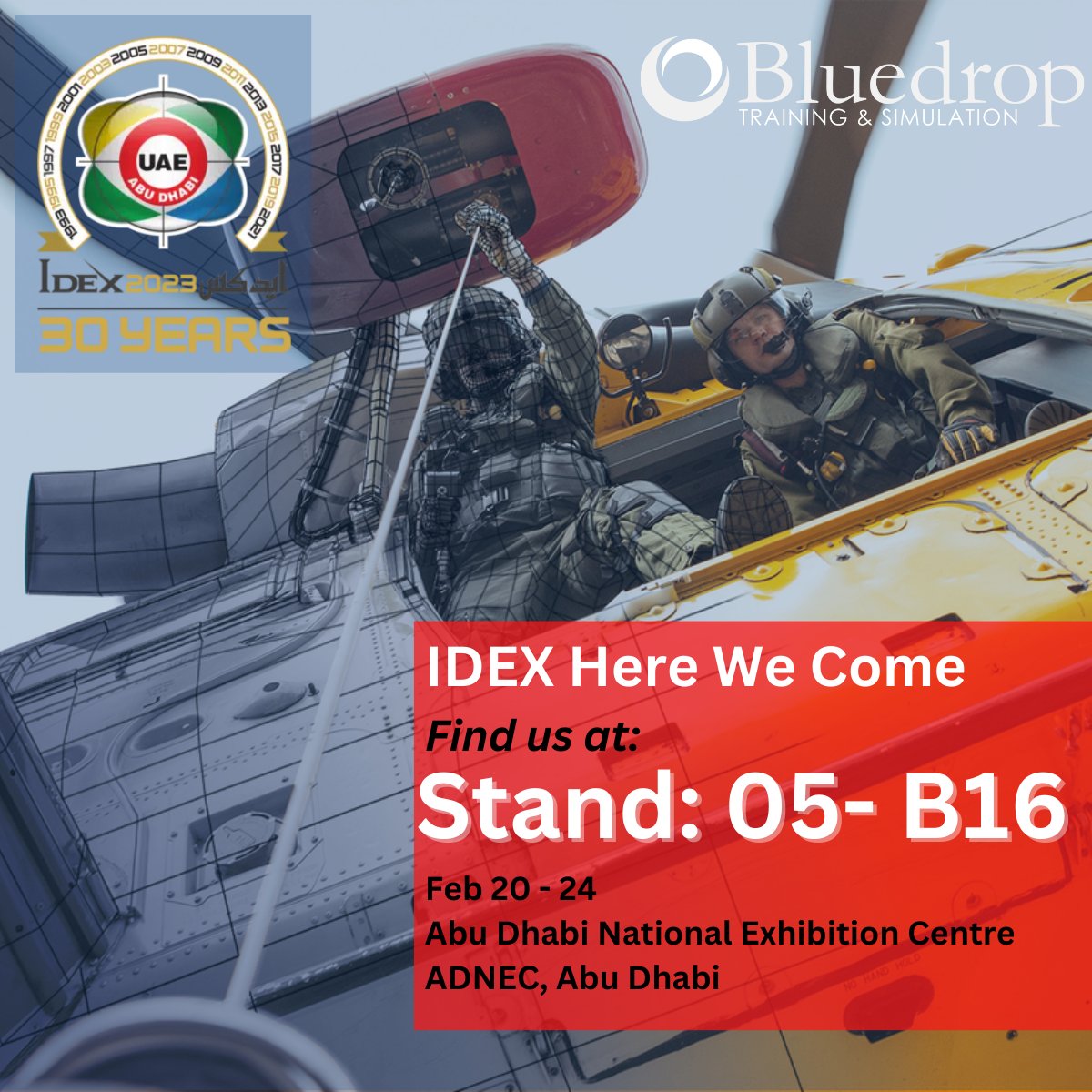 Get ready for takeoff✈ Bluedrop is heading to IDEX 2023. You can find the Bluedrop team at stand: 05-B16. Stop by to learn how Bluedrop can advance your training and learn about our new service, Simulation As A Service. See you soon!