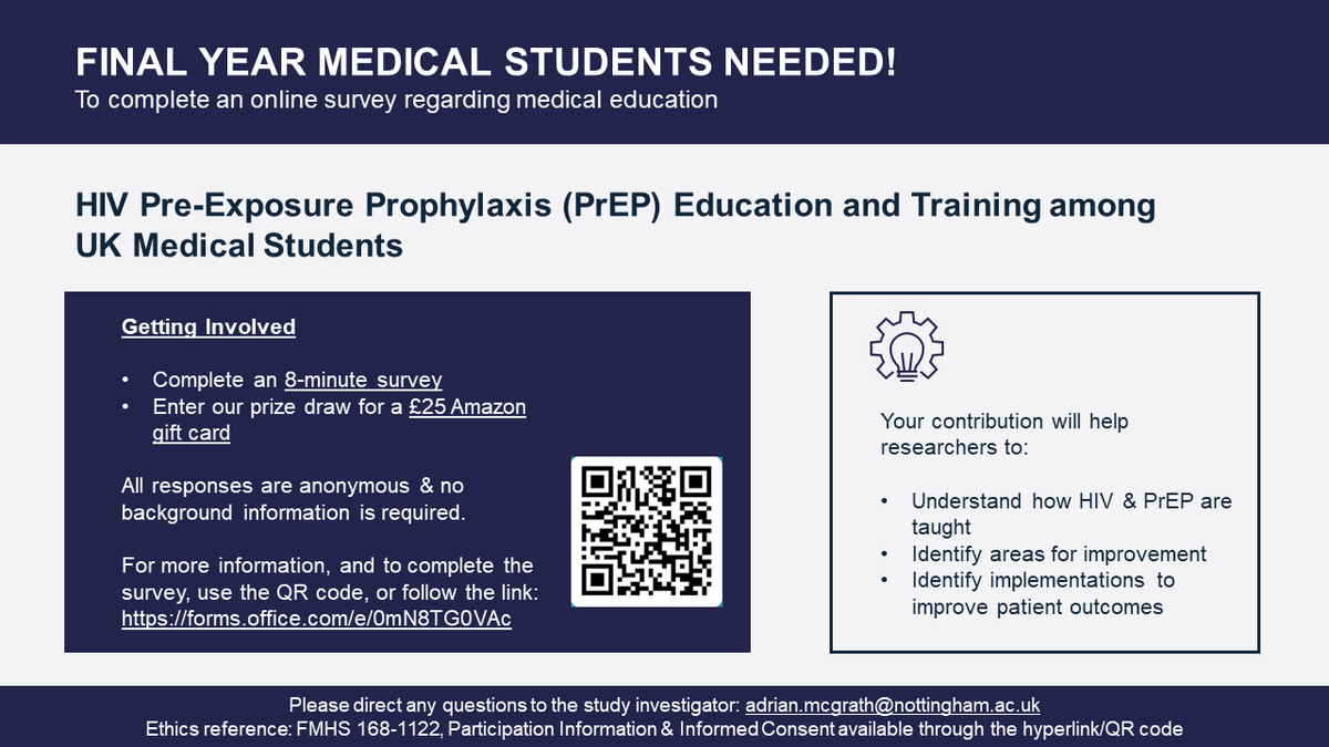 MedicineUoN's tweet photo. Calling for final medical students! Dr @AdrianPMcG is recruiting final-year medical students to participate in a study entitled HIV Pre-Exposure Prophylaxis Education and Training among UK Medical Students. Scan the QR or fill in the form to join the study https://t.co/BJtZxh0y5e https://t.co/xaBDHrtTvT