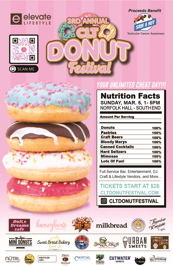 CharlotteNOW's tweet photo. The 3rd annual @cltdonutfestival  is on Sunday, March 5, 2023, at Norfolk Hall and it benefits @nut_save"Testicular Cancer Awareness".
🍩 YOUR UNLIMITED CHEAT DAY! 🍩 
SAVE 25% OFF TIX with Code "CHARLOTTENOW"
TIX ON SALE NOW👉 https://t.co/b6gVp6qxKs https://t.co/jP8a5j4Mz2
