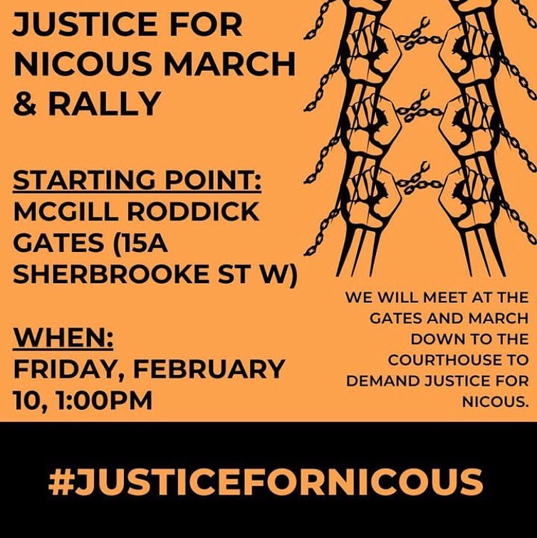 🧵Justice For Nicous Spring! March and Rally in Montreal this Friday (February 10). Rendez-vous at 1pm at Roddick Gates of McGill (15A Sherbrooke West); we will march to the Montreal courthouse ... #JusticeForNicous #cdnpoli #polmtl #polqc #AssNat  #manifencours 1/
