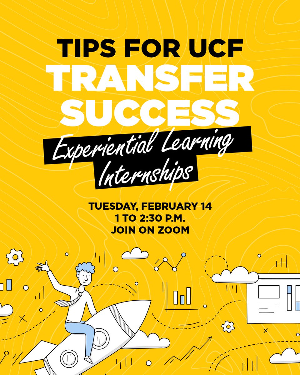 DC2UCF's tweet photo. Maximize your transfer success at UCF with EXPERIENTIAL LEARNING 💡 Join us on Feb 14th for tips on finding internships &amp; getting credit for them 🎓 UCF reps have the inside scoop to help you get ahead!
💻RSVP https://t.co/YX0fgI19nO
#UCF #TransferSuccess #Internships https://t.co/uyOram9oqa