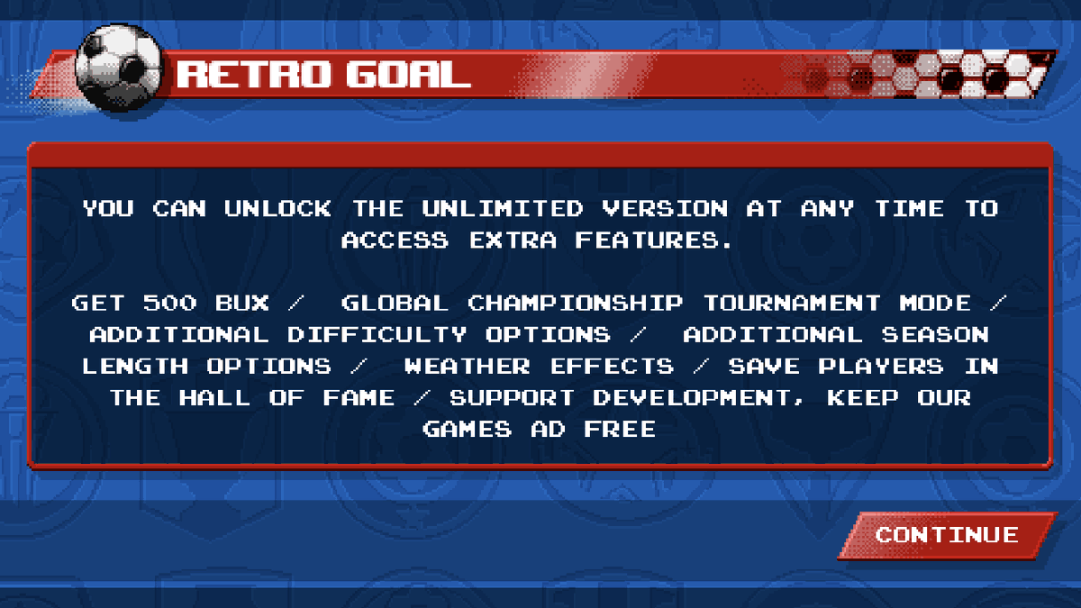 newstargames's tweet photo. Good news! Retro Goal on mobile is now FREE to play in career mode. You no longer have to pay to continue playing after the previous limit &amp; the game continues to be an advert-free experience. Purchasing the unlimited version, unlocks more features (see picture) RT's appreciated https://t.co/JFxutjbERw