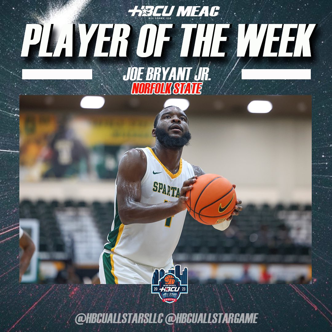 HBCUAllStarGame's tweet photo. HBCU All-Stars NCAA Division I MEAC Player of the Week: Joe Bryant Jr, Norfolk State University (Fred “Curly “Neal Point Guard) - Back-to-back winner &amp; averaged 28.5mpg, 23.5 points, 3 rebounds, 1.5 steals, and shot 68 FG% (15-22), 63 3pt% (7-11), &amp; 100 FT% (10-10) for the week. https://t.co/pMnwOMCYa1