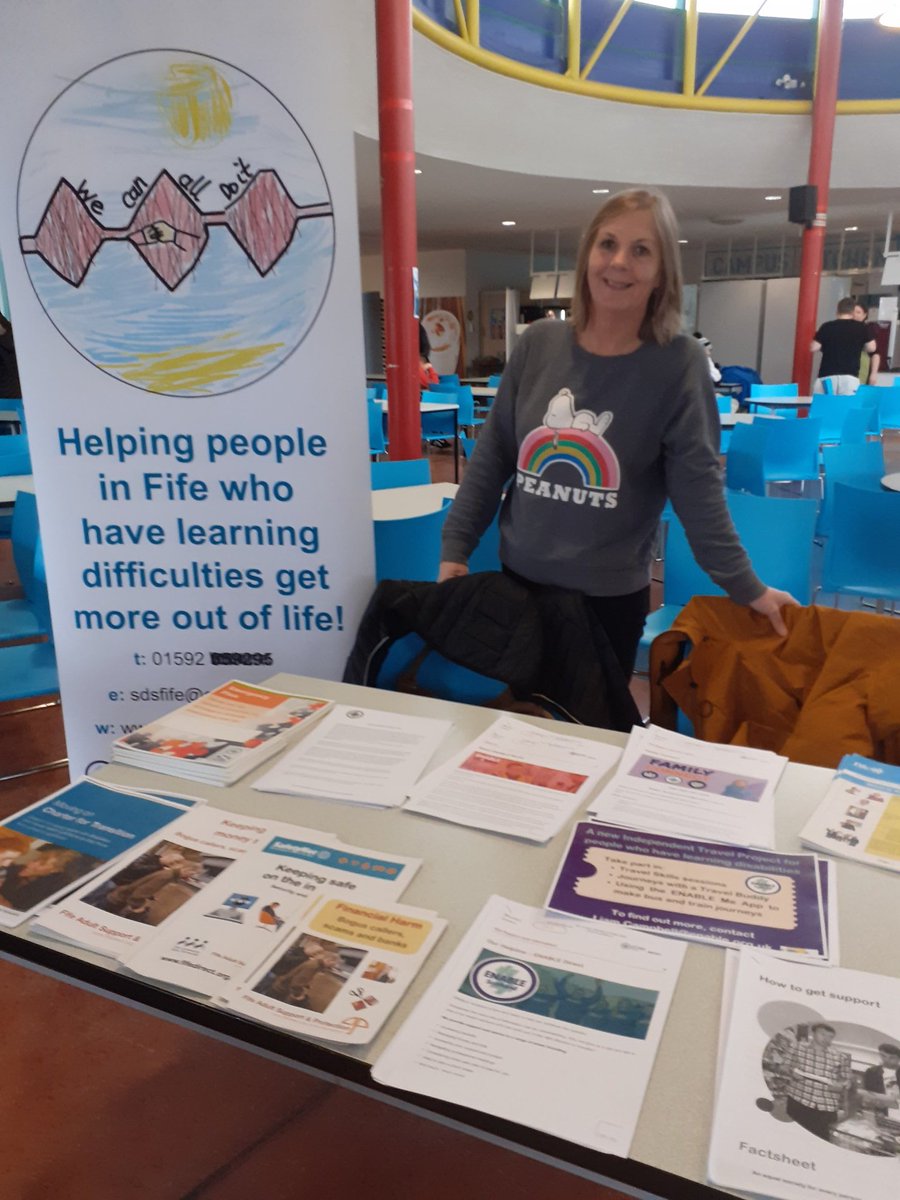 Gail_Enable's tweet photo. All set up for day 2 of our transitions event @fifecollege. Have my assistant today as all hoarse after talking to so many people. New referrals from last nights event
@ENABLEScotland 
@InspScotlandSDS 
@SDSScot https://t.co/R7TDzZvHm9