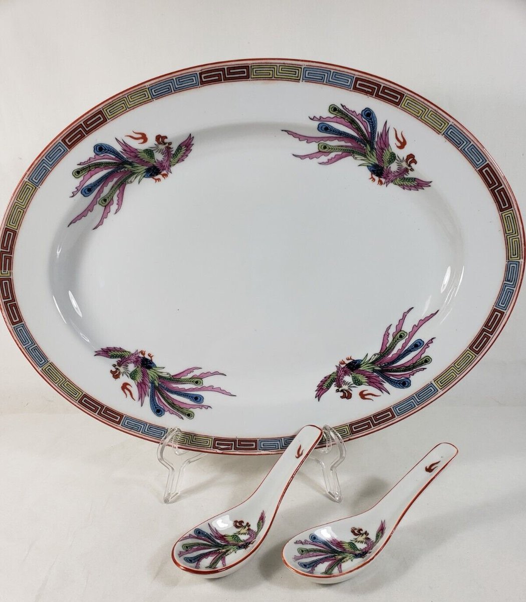 Nakazato Japan Phoenix Bird Porcelain Oval Platter With Spoons etsy.me/3I5UYhM #ceramic #servingbowl #seapillowtreasures #vforvintage #vintageservingbowl #vegetablebowl #fruitbowl