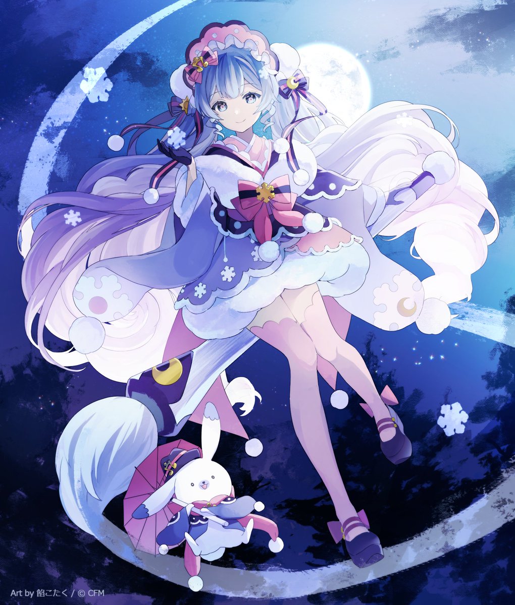 初音ミク ,ラビット・ユキネ ,雪ミク 「月の光と冬うららちゃん塗るの楽しかったです!#第二十三回塗りマス 」|和黄(わこ)のイラスト