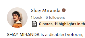 <a href="/writtenbyshay/">shay</a> oh you're a VETERAN? No wonder you "don't care if [people] live in the third world", what's a few dollars for an epub compared to having a wedding drone bombed? Are you going to send your Problematic Reader list to your army buddies so we can all get merked too?