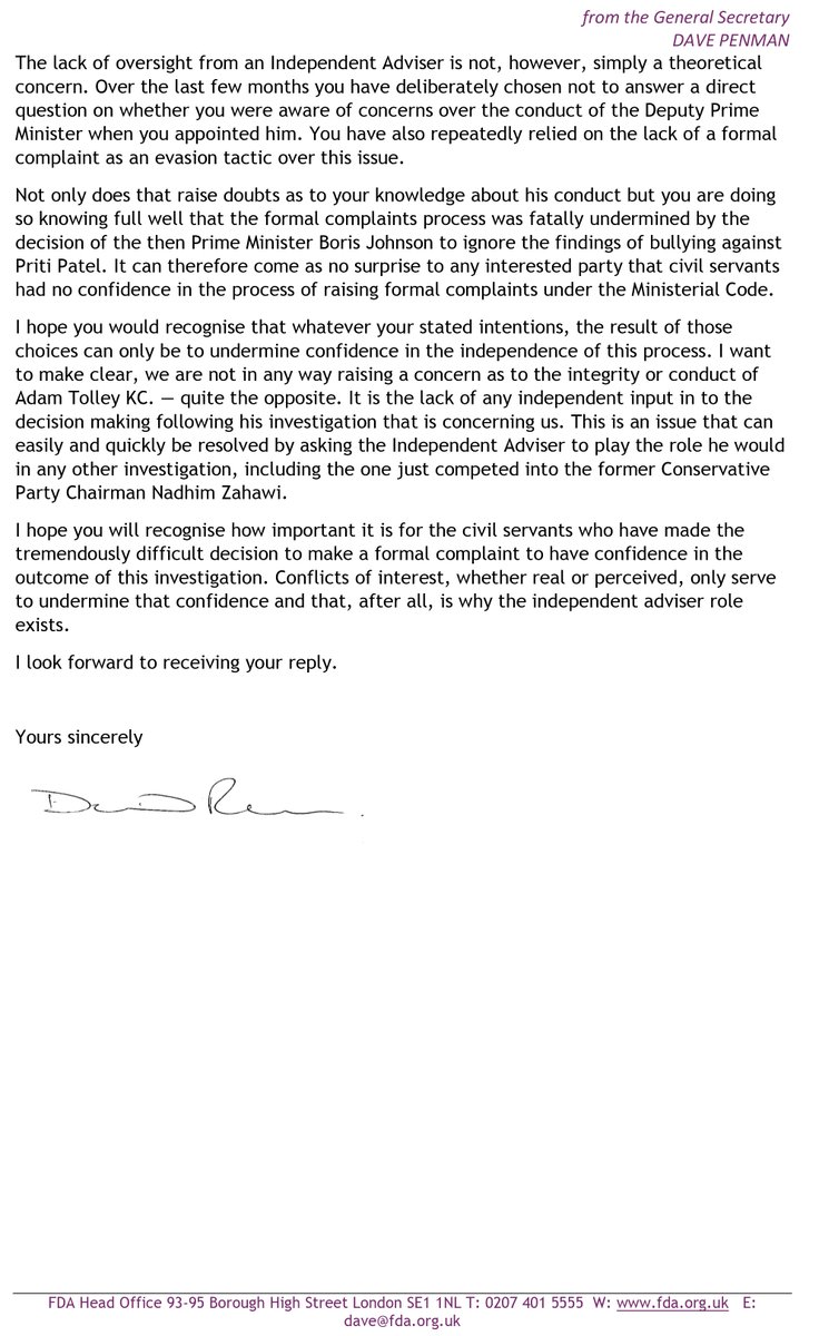 Under the current terms of reference, Rishi Sunak alone will determine the outcome of complaints against Dominic Raab. That process is clearly flawed. I’ve written to the Prime Minister to call for the Independent Adviser to be given power to make recommendations on the findings.