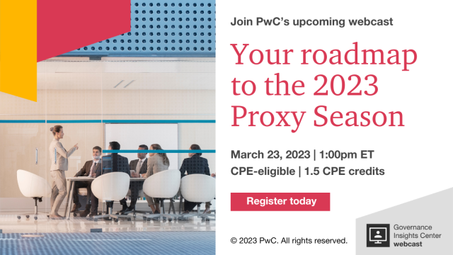 JamayBeebe's tweet photo. How can boards prepare for economic uncertainty, continued pressure from activist investors, &amp; the latest SEC rules on cybersecurity &amp; climate-related risks? Find out during @PwCUS’s March 23 webcast: Your roadmap to the 2023 Proxy Season. Register today. https://t.co/tV7PK4Tu15 https://t.co/lKJe2TUmfw