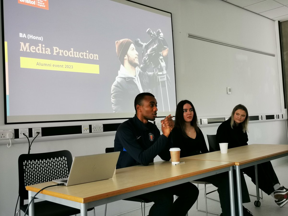 Wonderful to welcome back our fabulous alumni to speak with @uwemediaprod third years about making the most of uni life and life after <a href="/UWEBristol/">UWE Bristol</a>.

Huge thanks to Jacques (<a href="/GlosFA/">Gloucestershire FA ⚽</a>), Ezo (<a href="/SkylarkMedia/">Skylark Media</a>) &amp; Mimi (<a href="/fivenot10/">Fivenot10</a>) for enlightening and inspiring our students!

#uwealumni