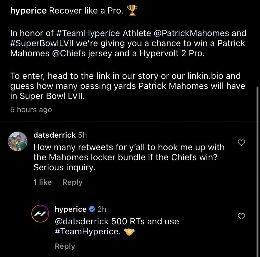 datsderrick's tweet image. best recovery tools in the world 🤝 best QB in the game @PatrickMahomes. help me out and throw this a retweet.  #ChiefsKingdom #SuperBowl #TeamHyperice