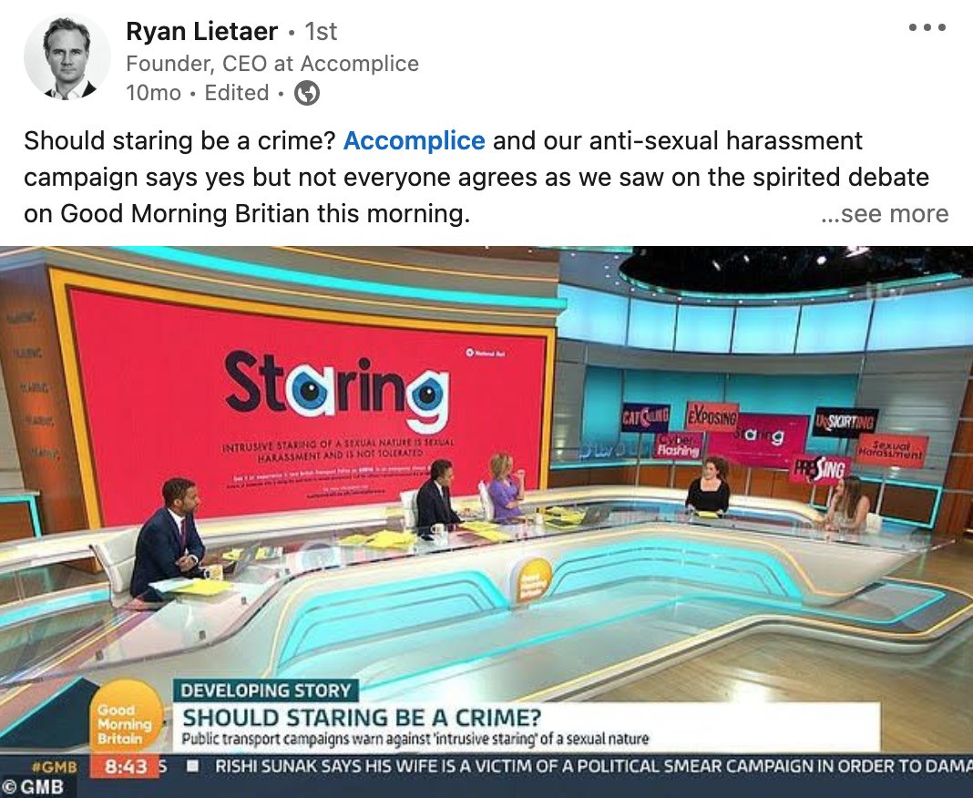 accomplice_hq's tweet image. CEO of Accomplice @RyanLietaer speaking about appearing on @GMB last year. 

Learn more about Accomplice&apos;s anti-sexual harassment work for National Rail here: telegraph.co.uk/news/2022/03/1…