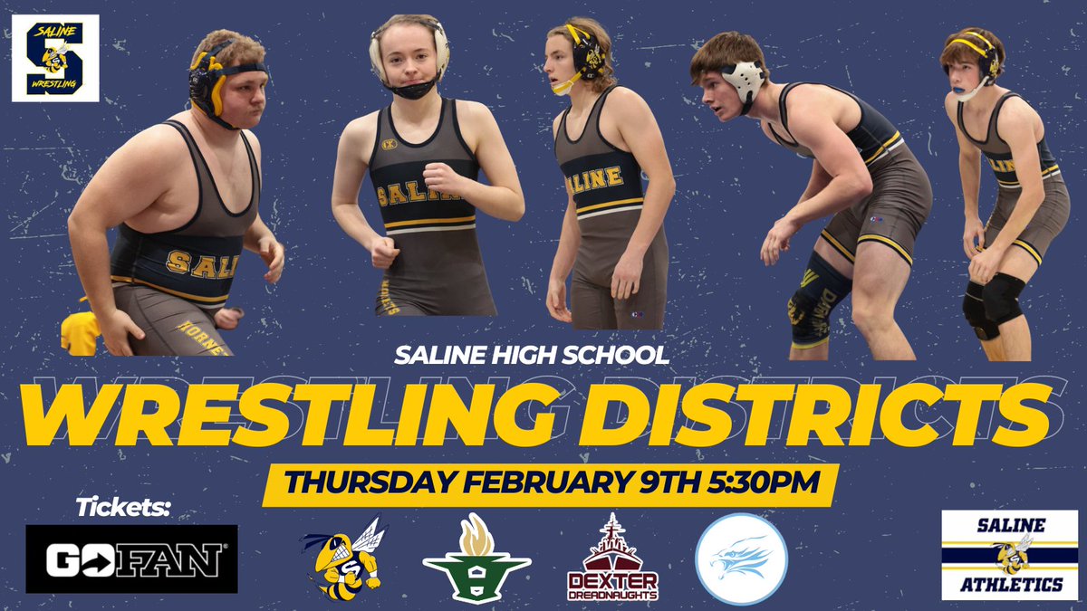 Come cheer on <a href="/SalineWrestling/">Saline Wrestling</a> on the next part of the season: Team Districts at SHS Thursday! <a href="/Nation_Hornets/">HORNET NATION STUDENT SECTION</a> For tickets: gofan.co/app/events/873…