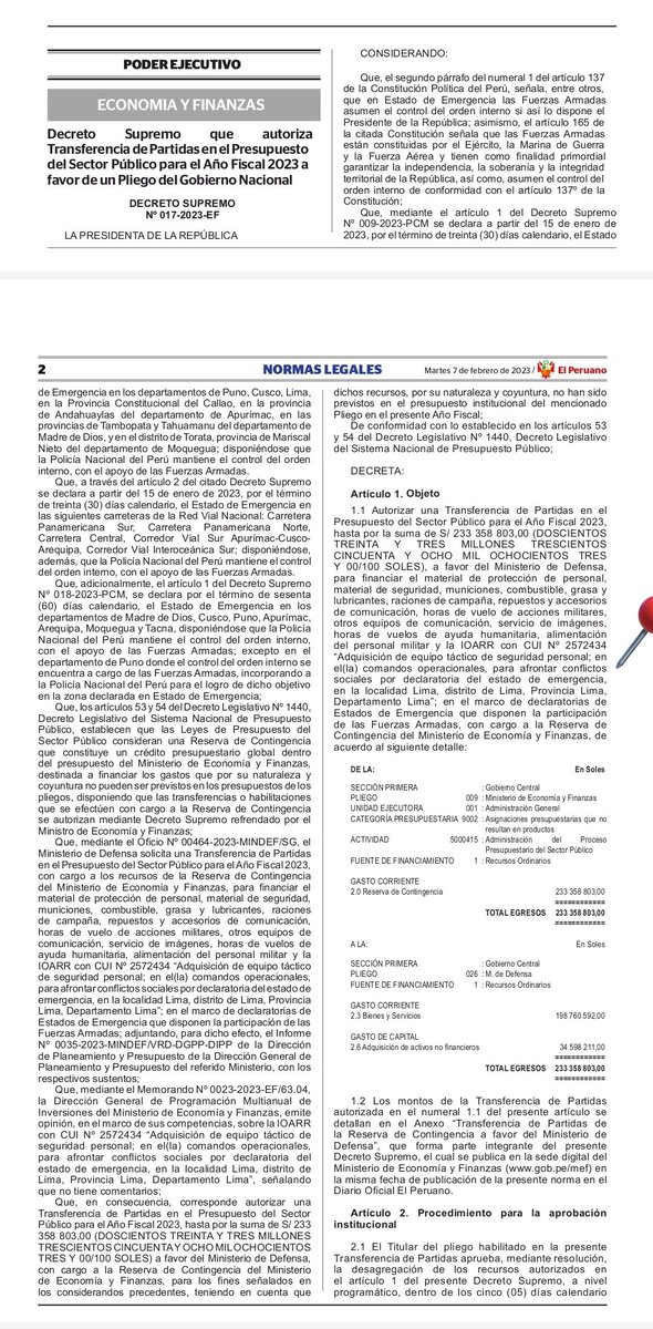 jfowks's tweet image. Gobierno transfiere 233 millones de soles al ministerio de Defensa para contener las manifestaciones en Lima que piden adelanto de elecciones y renuncia de Boluarte. Firman Boluarte y Albina Ruiz @MinamPeru en ausencia de Alex Contreras @MEF_Peru busquedas.elperuano.pe/normaslegales/…