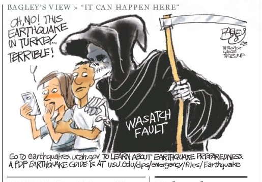 AZGeology's tweet image. The earthquake #tragedy in Turkey and Syria prompted this cartoon reminding Utahns about the potential for deadly #earthquakes on the #Wasatch Fault. @utahgeological
For more information on the geology and seismic history of the Wasatch Fault:  geology.utah.gov/hazards/earthq…