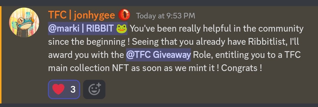 markiviloryeah's tweet photo. What a way to end my day! Just won a "TFC Giveaway" role at @frogscollective discord just by SHILLING! Just a normal thing to in supporting a building project.
Thank you TADPOLES 🐸 #RibbitList still up, remember that no FROG 🐸 is allocated for public!
#RIBBIT #CNFTGiveaway https://t.co/fenQUV2pn0