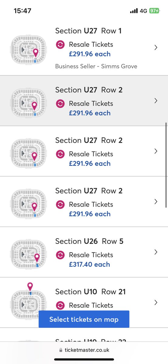 lliohaf's tweet photo. Can someone please explain to me why @TicketmasterUK @TicketmasterCS have a resale function that, rightly, only lets the seller get back what they paid but then the same standard tickets are sold on for MUCH MUCH higher???? More than double the actual price #scam https://t.co/0e07I57J6A