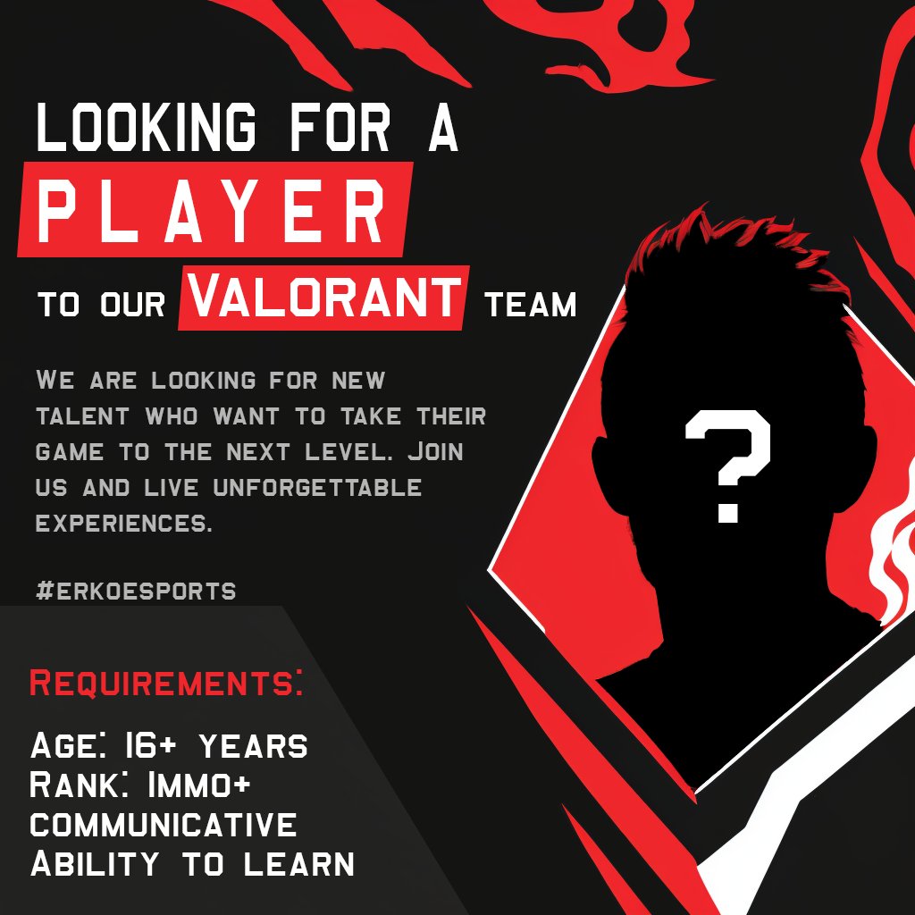 Calling all Valorant players! ERKO Esports is on the hunt for a new addition to our roster. If you've got the skills and the drive, we want to hear from you. DM us to learn more.

#ERKOEsports #Valorant #Recruitment