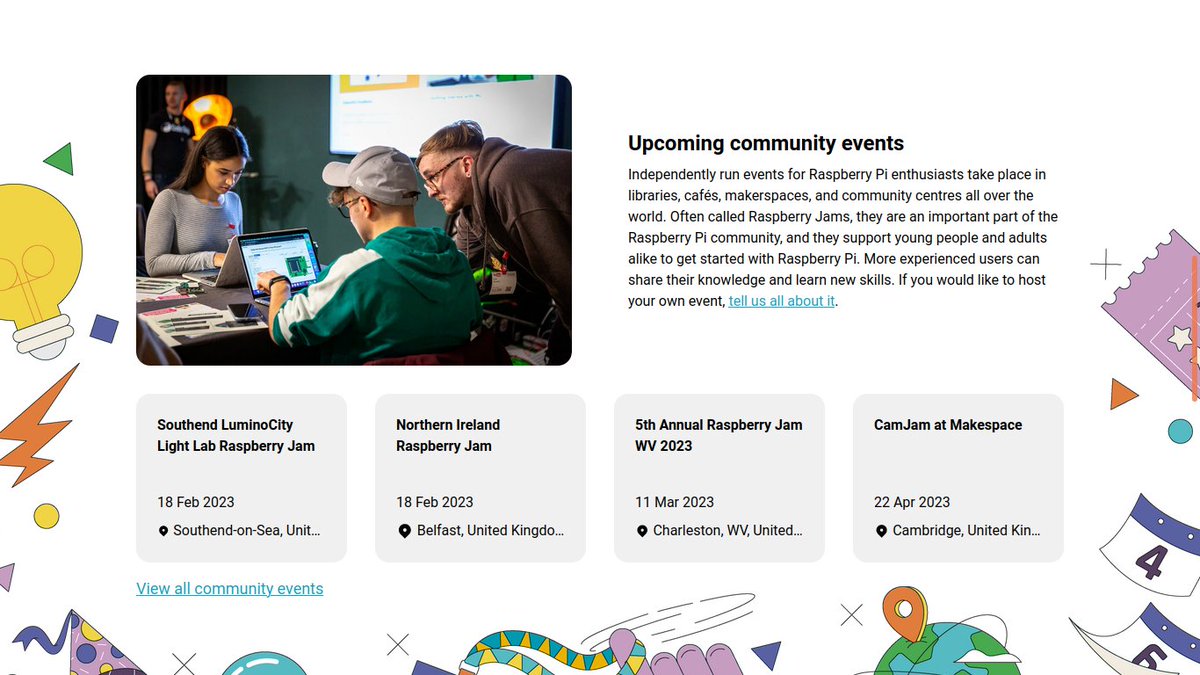SouthendRPiJams's tweet photo. Our #SouthendLuminoCity Light Lab Raspberry Jam at @SouthendLibrary is listed on the new @Raspberry_Pi events page alongside @NIRaspJam, @CambridgeJam at @cammakespace, @UCWV/@IoTemyLabs #RJam and official events
You can also submit your own R Pi Jam/event
https://t.co/AG8sDkLRwE https://t.co/ooQjBRvrX4