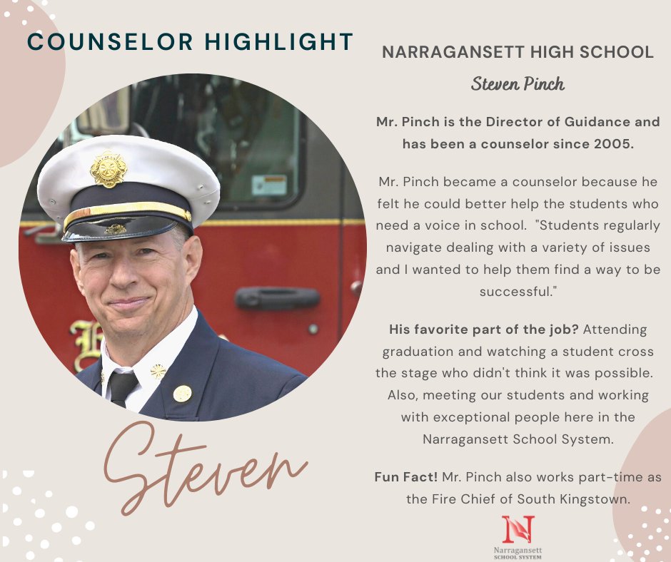 We continue to celebrate School Counseling Week by sharing a little more about the familiar faces you see in our halls!

Today, we highlight NHS Counselor Steven Pinch and our NES school psychologist, Tara Reddington.

Thank you for all you do!
#riscw23 #gomariners
@RIDeptEd