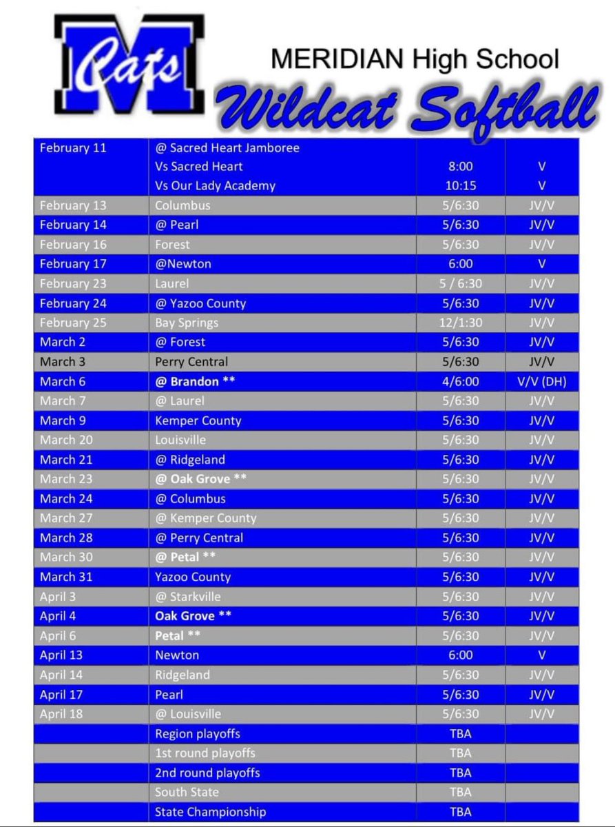 The season is right around the corner! Here is the Lady Cats Softball Schedule for 2023. Come out and support us!! #BuiltByMeridian