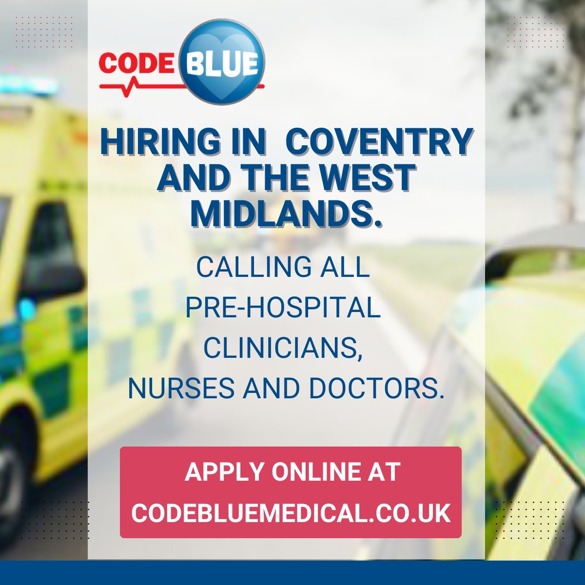 Are you in Coventry or the West Midlands?

➡️ We're on the lookout for qualified pre-hospital clinicians, nurses and doctors
➡️Application packs available on our website

#medicaljobs #JobsUK #UKJobs #Coventry  #westmidlands #westmidlandsbusiness #westmidlandsjobs #coventrycity