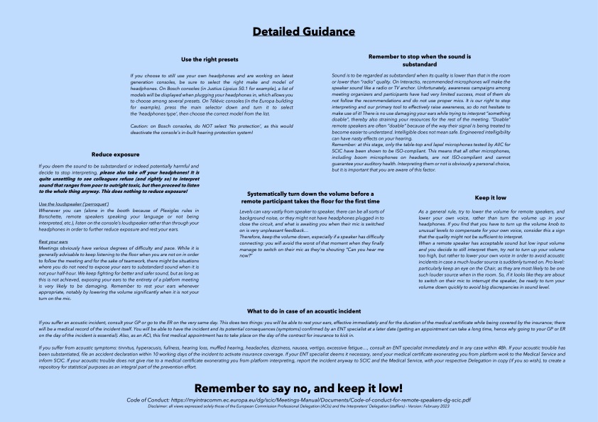 Monika Kokoszycka (@monkokoszycka) on Twitter photo Our <a href="/EUInterpreters/">EU Interpreters</a> colleagues put together "Guidance to help protect your ears in hybrid meetings"
🔹Stop when sound is substandard🔹Rest your ears when not on🔹Turn down volume before remote speaker's 1st intervention🔹 Lower your own voice rather than turn volume up Our <a href="/EUInterpreters/">EU Interpreters</a> colleagues put together "Guidance to help protect your ears in hybrid meetings"
🔹Stop when sound is substandard🔹Rest your ears when not on🔹Turn down volume before remote speaker's 1st intervention🔹 Lower your own voice rather than turn volume up