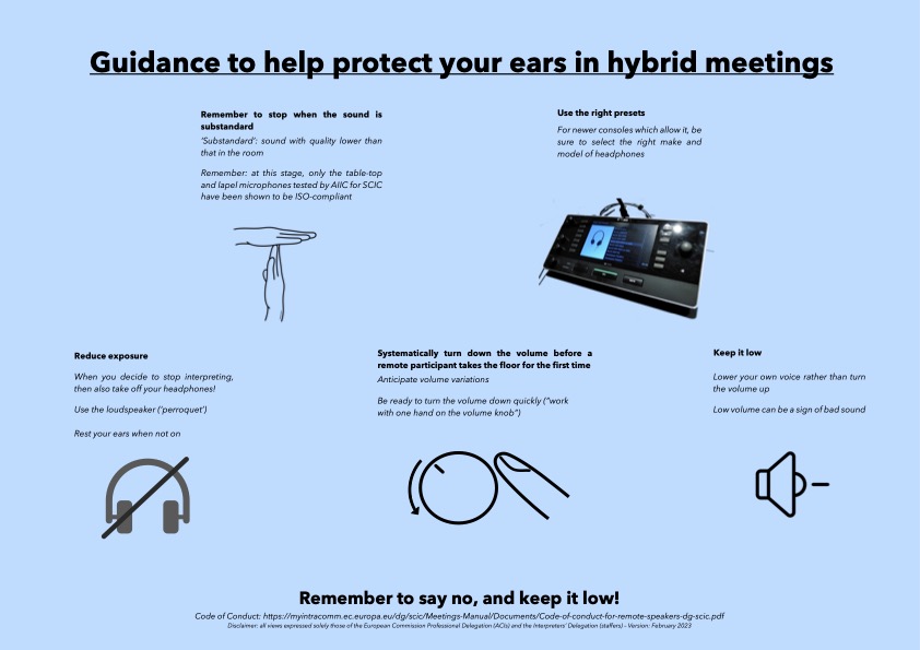 MonKokoszycka's tweet photo. Our @EUInterpreters colleagues put together "Guidance to help protect your ears in hybrid meetings"
🔹Stop when sound is substandard🔹Rest your ears when not on🔹Turn down volume before remote speaker's 1st intervention🔹 Lower your own voice rather than turn volume up https://t.co/mgDYDkpK1k