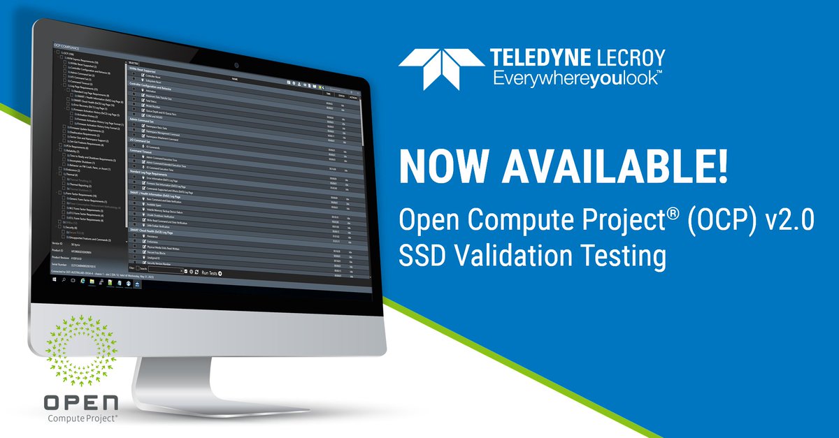 TeledyneLecroy's tweet photo. Teledyne LeCroy announces compliance testing support for the second generation of the #OCP Datacenter NVMe #SSD Specification (v2.0) within their #SSDTest platform and #TestingServices! Read the press release to learn more: https://t.co/iidyvcsZZn #opencomputeproject #ssdtesting https://t.co/gXAUck8O5q