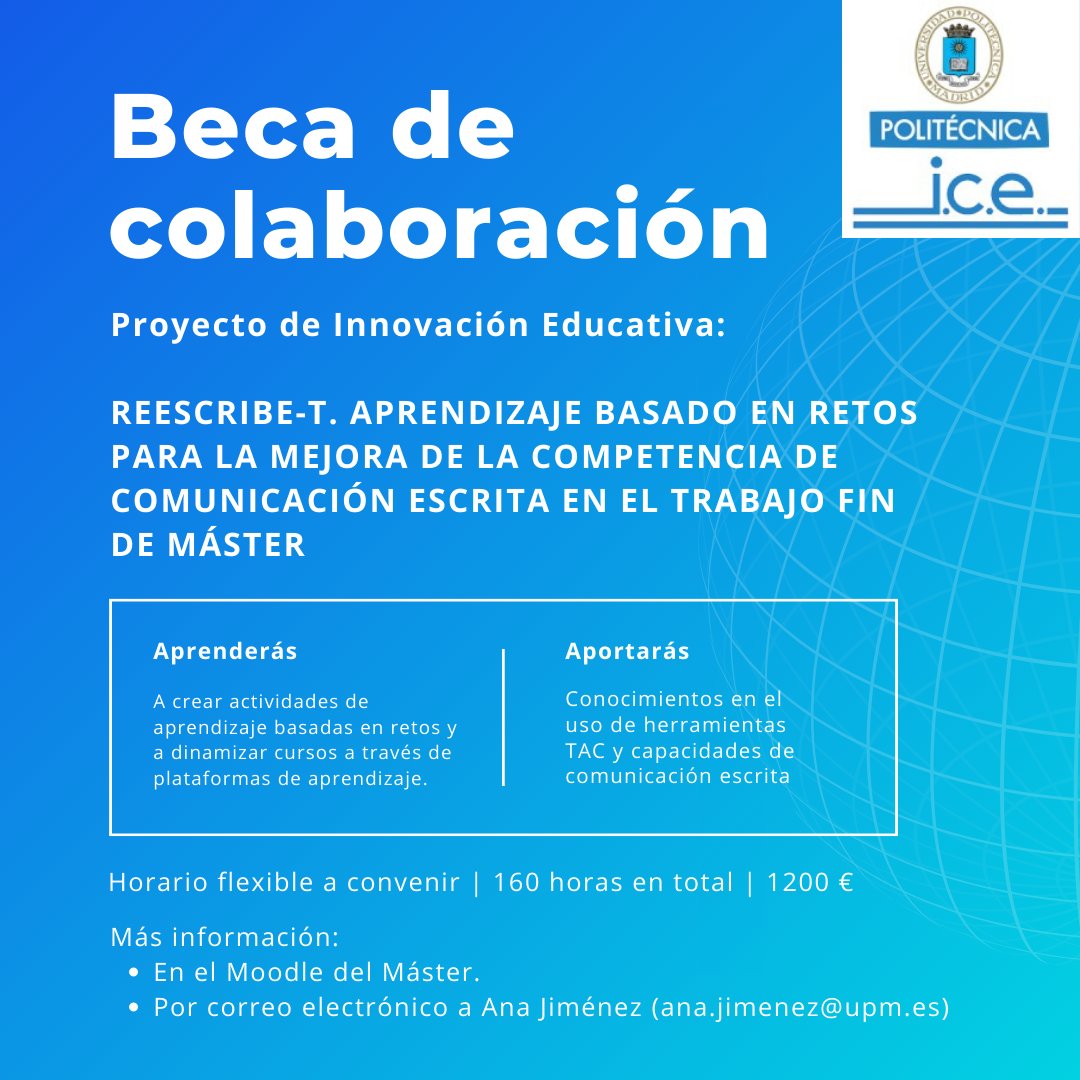 Instituto de Ciencias de la Educación - U.P.M. (@iceupm) on Twitter photo Oferta de beca en Proyecto de Innovación Educativa:
▶️ ⌚️ Horario flexible
▶️ ⏳ 160 horas totales (marzo - mayo)
▶️ 💸 1200 € total de la beca
+ Información y solicitudes: contactar con la profesora Ana Jiménez, del <a href="/ICEUPM/">Instituto de Ciencias de la Educación - U.P.M.</a> Oferta de beca en Proyecto de Innovación Educativa:
▶️ ⌚️ Horario flexible
▶️ ⏳ 160 horas totales (marzo - mayo)
▶️ 💸 1200 € total de la beca
+ Información y solicitudes: contactar con la profesora Ana Jiménez, del <a href="/ICEUPM/">Instituto de Ciencias de la Educación - U.P.M.</a>