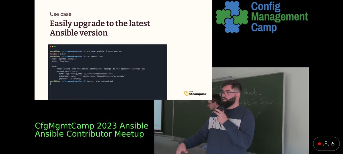 We're happy we got a chance to show #SteampunkSpotter (👉steampunk.si/spotter) to the amazing <a href="/ansible/">Red Hat Ansible</a> Contributor Summit &amp; <a href="/cfgmgmtcamp/">Config Mgmt Camp</a> crowd. 

Thank you all for coming, it’s always a pleasure to hang with the awesome #Ansible community! 

#automation #CfgMgmtCamp