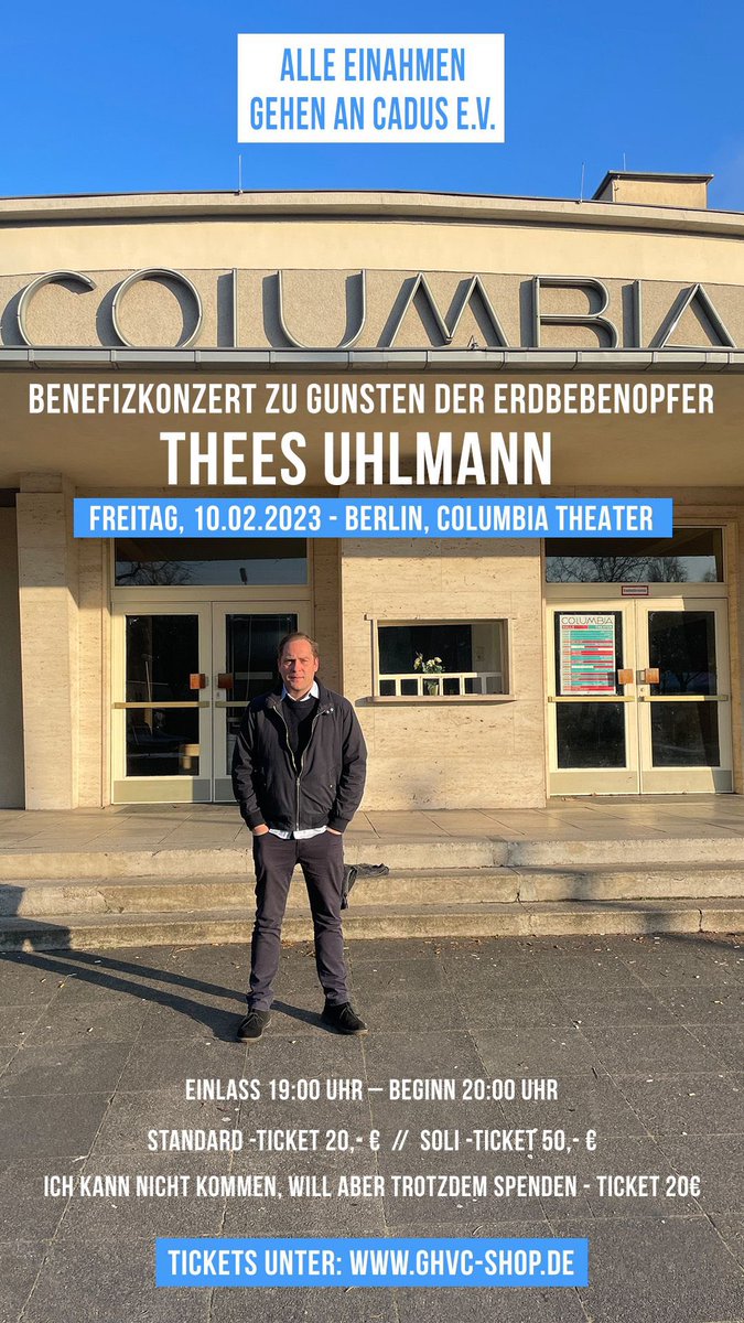 Freitagabend, Columbiatheater Berlin: @theesuhlmann spielt ein Benefizkonzert zugunsten der Erdbebenopfer. ❤️ Kommt rum!