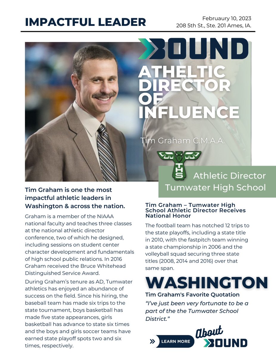 PocketAD_'s tweet image. Bound @Bound_HQ presents the 50 Most Influential Athletic Administrators.  Our Washington @WSSAAA2 selection is Tim Graham C.M.A.A. @Graham_tbirdAD AD from @TumwaterSDNews &amp;amp; former NIAAA Board Member @NIAAA9100 Congrats Tim!  
Learn More👇about Bound 
calendly.com/todd-gordon-bo…