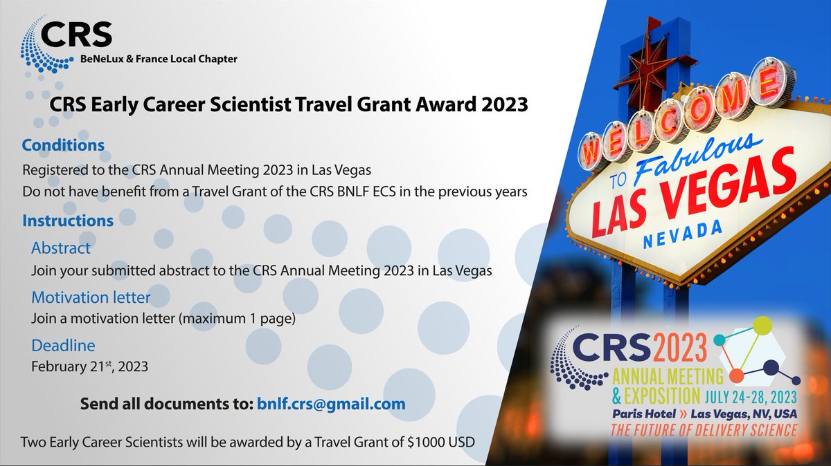 @CRSBeNeLuxFr is offering travel grants for two early carrier scientists attending the CRS annual meeting 2023 in Las Vegas. Deadline: 21st February 2023