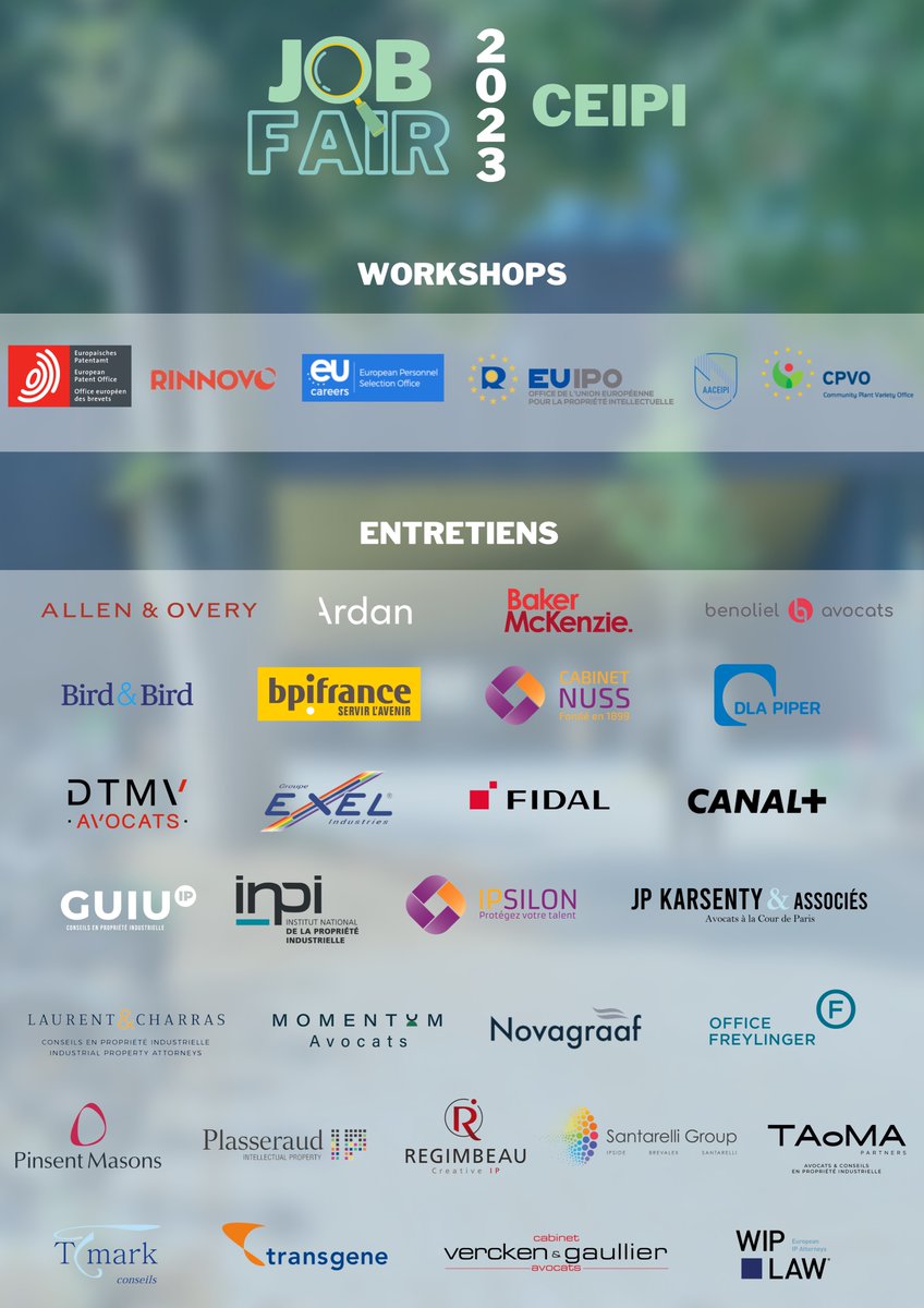 [📣JOB FAIR 2023]

👩🏻‍💻 La #JobFair du CEIPI aura lieu les 15 et 16 février 2023 dans un format hybride : à Strasbourg et en ligne. 

🤝🏻 Nous tenons à remercier tous les professionnels et organisations qui ont répondu à notre appel et participeront à cet événement !