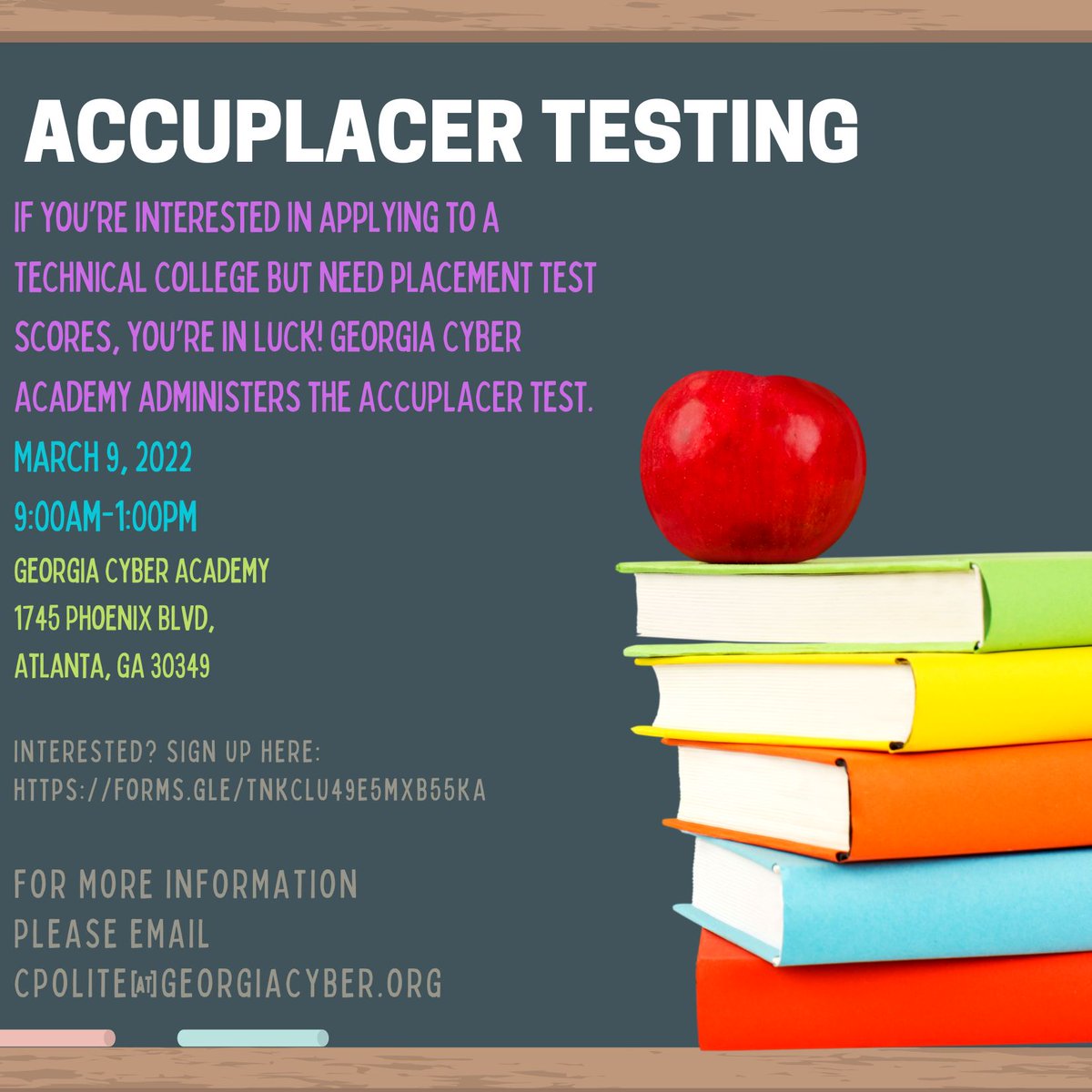 GcaCounseling's tweet photo. If you’re interested in applying to a Technical College but need placement test scores, you’re in luck! Georgia Cyber Academy administers the ACCUPLACER test. https://t.co/D5WR4ngP4X