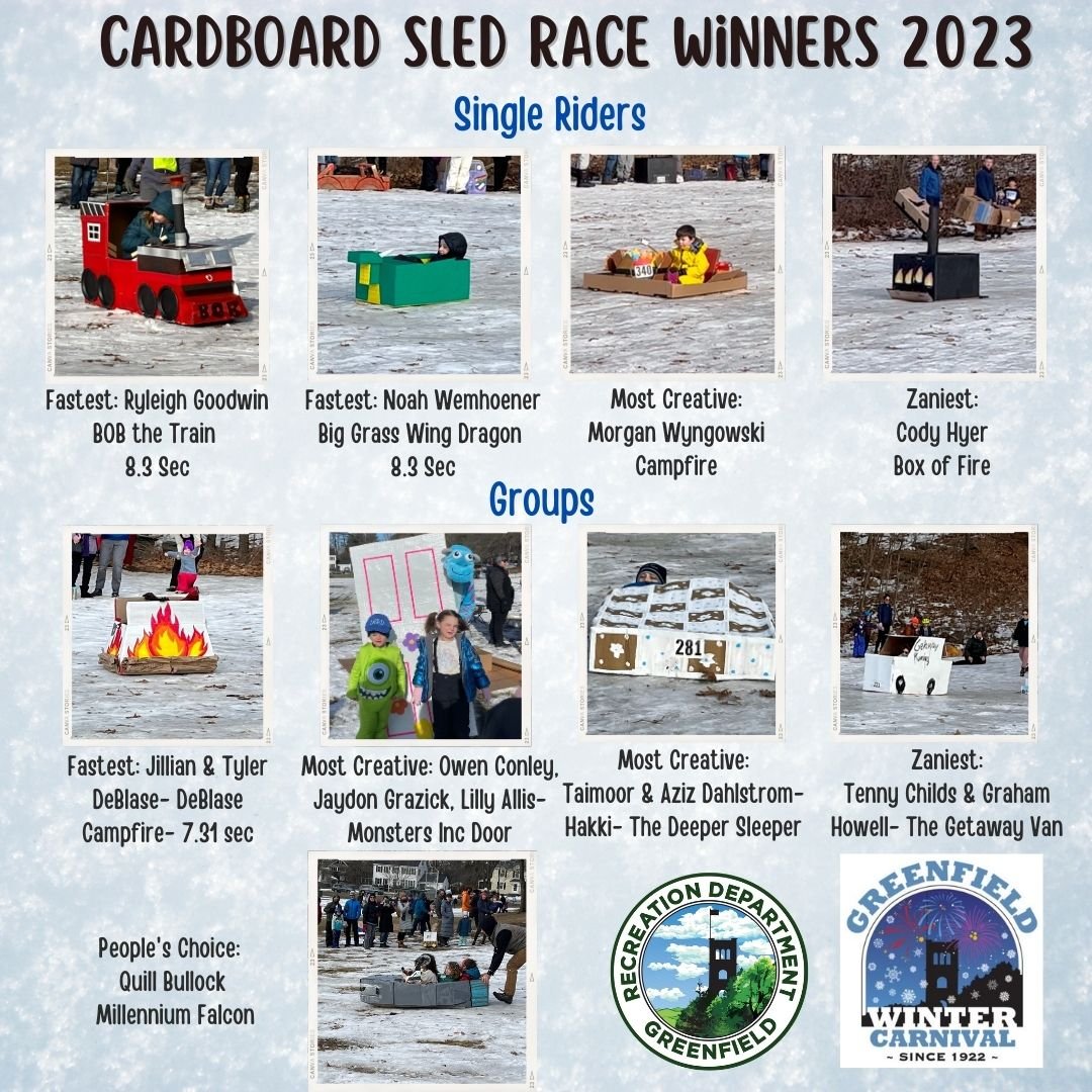Greenfield_Rec's tweet photo. What a wonderful weekend it was even with the artic weather. Congratulations to all our winners of this weekend's contests. We are always amazed by the creativity of our community! 🤩❄️🏆🎉 #greenfieldwintercarnival https://t.co/aJ6l08CYeV
