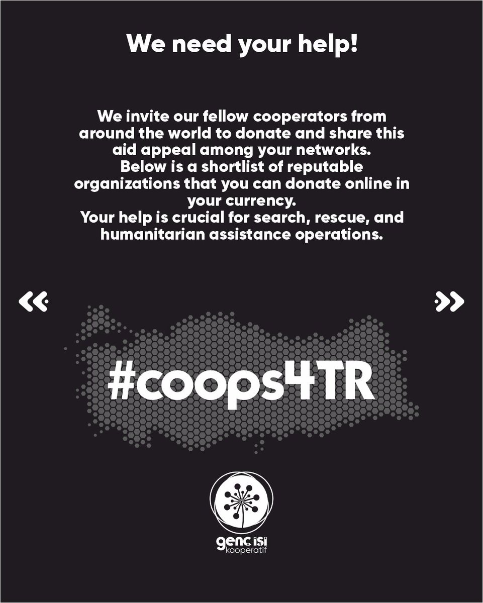 We need your help!  #coops4TR
We invite our fellow cooperators from around the world to donate and share this aid appeal among your networks.
<a href="/democracyatwrk/">Democracy At Work</a>  <a href="/HollingsCenter/">Hollings Center</a> <a href="/CooperativesUK/">Co-operatives UK</a>  <a href="/midcountiescoop/">Your Co-op</a> <a href="/icacoop/">International Cooperative Alliance</a> <a href="/USFWC/">U.S. Federation of Worker Cooperatives</a>  <a href="/G_Communities/">Global Communities</a> @RIPESStwit <a href="/TreborS/">Trebor Scholz</a> <a href="/KU_Leuven/">KU Leuven</a>
