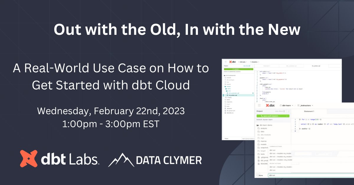 DataClymer's tweet photo. Invest in your #data transformation strategy with Data Clymer and dbt Labs! 

Join us for a real-world customer use case discussion to learn how a global healthcare company implemented dbt Cloud to advance its data strategy. Save your spot: https://t.co/ypKcysweWE https://t.co/OVTiLN8O0S