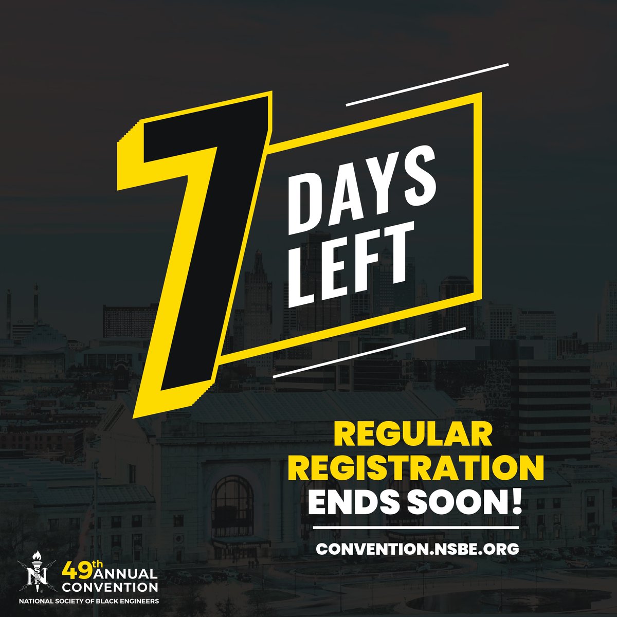 Only 7 days left until regular registration closes! Register today at hubs.la/Q01BDqtq0 and save up to $200 before the rates increase! 

#NSBE #NSBE49 #NSBECONVENTION #IAMSTEM #SucceedProfessionally #TechtheFuture