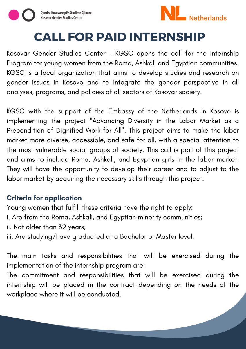 KGSCenter's tweet photo. 📣 Paid Internship Opportunity!
📌 Kosovar Gender Studier Center opens the call for the internship program for Roma, Ashkali and Egyptian young woman;
📌 Apply by sending your CV and Motivation Letter to qksgj_kgsc@yahoo.com https://t.co/D64nV2xzlF