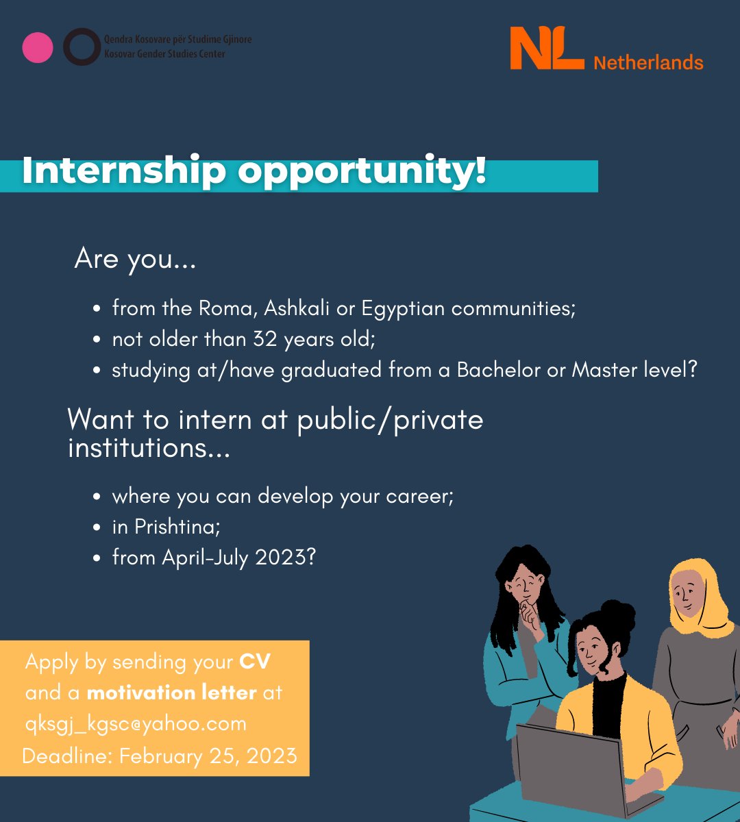 KGSCenter's tweet photo. 📣 Paid Internship Opportunity!
📌 Kosovar Gender Studier Center opens the call for the internship program for Roma, Ashkali and Egyptian young woman;
📌 Apply by sending your CV and Motivation Letter to qksgj_kgsc@yahoo.com https://t.co/D64nV2xzlF
