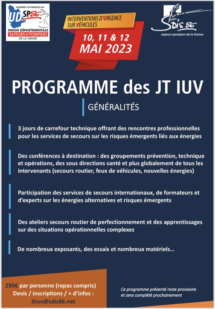 AdrienGransagne's tweet photo. [#Programme] les Journées techniques #IUV du 10 au 12 mai prochain c’est au @sdis86. #SaveTheDate 
➡️ inscriptions 🔗 : https://t.co/Qwm5jCxo7e https://t.co/3OLDuisG4f