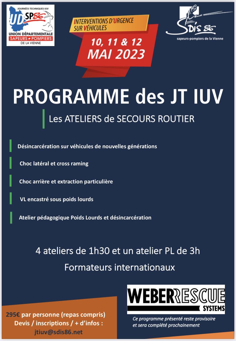 [#Programme] les Journées techniques #IUV du 10 au 12 mai prochain c’est au <a href="/sdis86/">@sdis86</a>. #SaveTheDate 
➡️ inscriptions 🔗 : iuv.sdis86.net