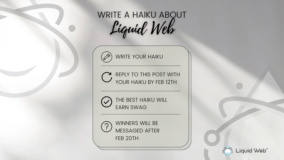 LiquidWeb's tweet image. Create a haiku
About Liquid Web for swag
It will be awesome!

✒️ It&apos;s National #Haiku Writing Month!

👕 Create the best haiku to earn yourself some Liquid Web #swag.