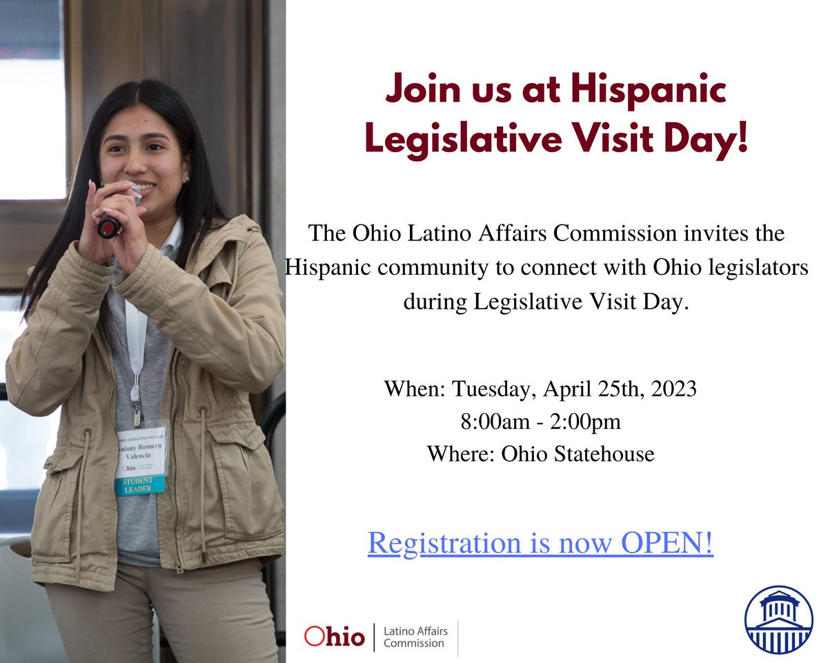 OCHLA_OH's tweet photo. Hispanic Legislative Visit Day is April 25, 2023 at the Ohio Statehouse! This is your opportunity to speak with legislators and have your voice heard! Click the link to register: https://t.co/YvFPOCGLhl https://t.co/vouPEUNLmL
