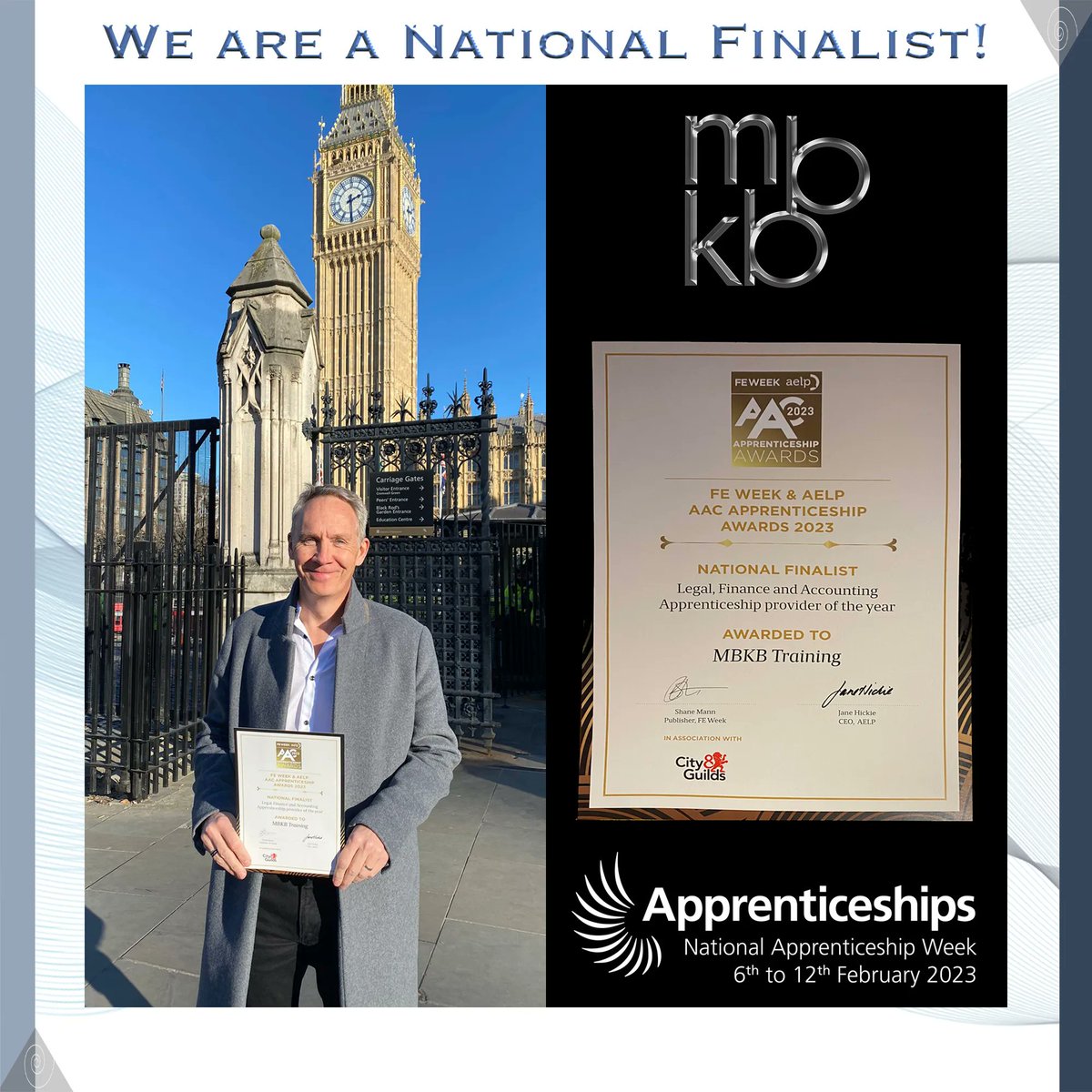 mbkbtraining's tweet photo. Our awesome CEO Mark Bremner collected our National Finalist certificate for the Legal, Finance and Accounting Apprenticeship provider of the year, at the #FEWEEK &amp; #AELP AAC Apprenticeship Awards in Westminster!

#MBKB #MBKBTraining #OfstedOutstandingTrainingProvider #AACAwards https://t.co/xNq2SS8YJN