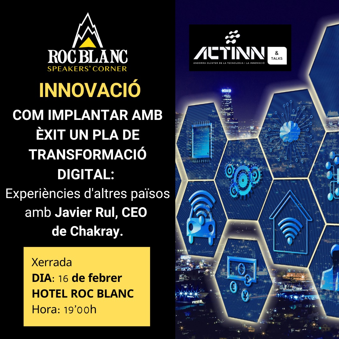🚀 Encetem una nova línia d'esdeveniments amb la marca ACTINN&amp;Talks.

📢 Us convidem a participar en la xerrada "Com implantar amb èxit un pla de tranformació digital" que efectuarà el nostre soci, Javier Rul, de Chakray,  dijous, 16 de febrer de 2023, a les 19 h.

#actinn